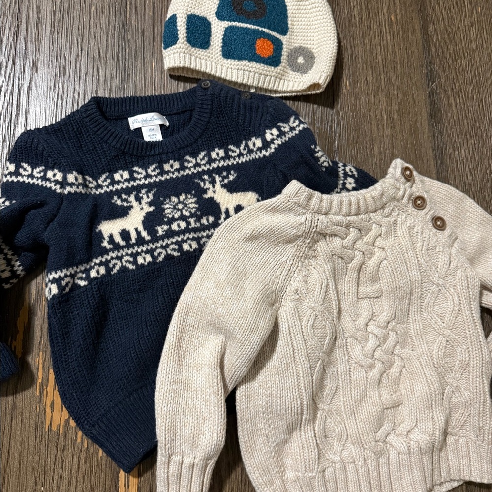 Ralph Lauren Navy and Old Navy Cream Kids Sweaters and Gap baby beanie